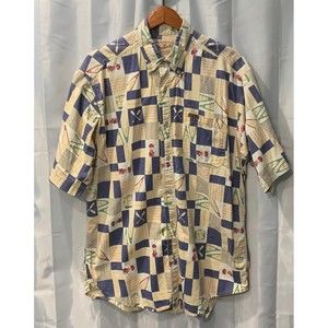 Woolrich Men's Size L Short Sleeve Casual Camp Cream/Blue Button Down Shirt